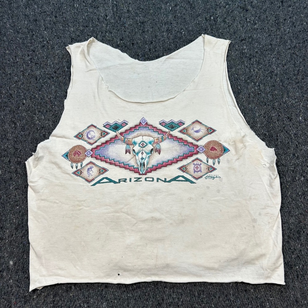 Arizona Desert Tank Top Sz L Womens White Grunge 94 VTG Bull Skull Crop Thrashed